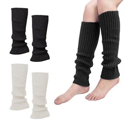 Immagine di PFLYPF 2 paia di scaldamuscoli invernali lavorati a maglia, calzini in lana per l&#039;autunno e l&#039;inverno, guanti elastici le gambe bianco nero, fondo 40 cm, adatti l&#039;inverno