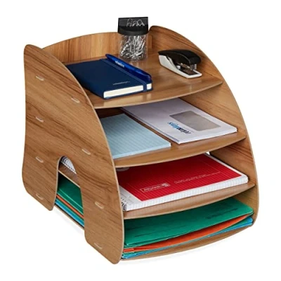 Immagine di Relaxdays Organizer da Scrivania Portadocumenti, 4 Scomparti Portalettere A4, HLP: 27x25,5x34,5 cm, MDF, Marrone Scuro