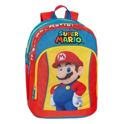 Immagine di Super MARIO Zaino Scuola Ufficiale Mario, con 2 Ampi Spazi Centrali, Capiente Tasca Frontale, Spallacci Regolabili e Imbottiti, Retro Fondo Termoformati, 32x43Hx23cm, Blu Rosso