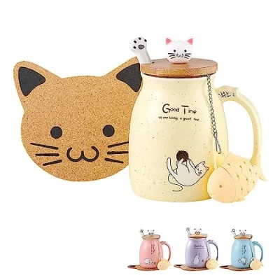 Immagine di BigNoseDeer, Simpatica tazza in ceramica, motivo gatto, con coperchio adorabile cucchiaio zampa di sottobicchiere stile Kawaii, regalo per Natale, caffè, tè, latte, 380 ml
