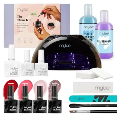 Immagine di Mylee Kit principale, set professionale di smalti gel per nail art che include: lampada LED grande, top e base, 4 colori smalto gel, costruttore 5 in 1, preparazione, pulizia rimozione