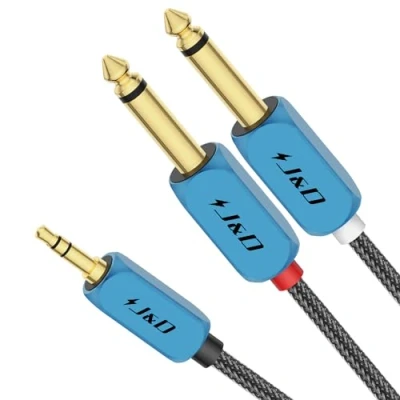 Immagine di J&amp;D Cavo Y Splitter 3,5mm a Doppio 6,35mm, Maschio 1/8 TRS 1/4 TS Mono Stereo per Amplificatori/Mixer, con Intreccio in Nylon e Rivestimento Rame Placcato Oro, 1 M