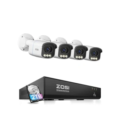 Immagine di ZOSI 4K PoE Telecamera di sorveglianza per esterni, 8 CH 2 TB HDD NVR e 4 X MP AuroraLux con visione notturna a colori reali, apertura F1,0, riconoscimento personale intelligente, C186A