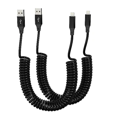 Immagine di cavo di ricarica a spirale per iPhone, confezione da 2, certificato Apple Carplay e MFi, corto USB Lightning con trasmissione dati, retrattile iPhone/Pad/Pod