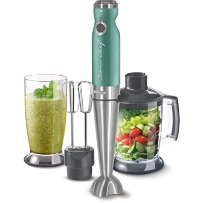 Immagine di Sencor minipimer immersione SHB 5601, frullatore 4 in 1, elettrico con bicchiere da 800ml, tritatutto elettrico, fruste elettriche, potenza 1200w, 20 velocità (Green)