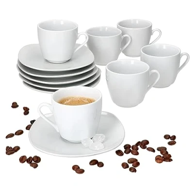 Immagine di MamboCat Lotta Tazzine da caffè con piattini per 6 persone, set in porcellana bianca colazione e caffè, tazze piccole 80 ml piattini, stoviglie eleganti casa, gastro, hotel, ecc