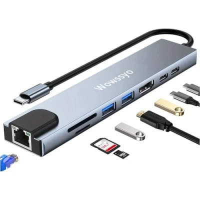 Immagine di Wowssyo Hub USB C Ethernet 8 in 1, Docking Station C，Multiporta Hub, HDMI 4K, PD 100 W, 3.0, SD/TF, C, Adattatore MacBook M1 Air Pro, per iPad, Switch, Chromecast, Cellulare e altro