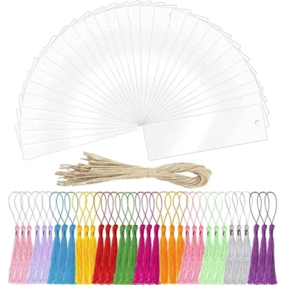Immagine di 108 Segnalibro Acrilico, BetterJonny 30 Acrilico 48 Nappe Colorate Corda Vuoto Trasparente Segnalibri Fai da Te per Artigianato Taccuino Etichette Progetti