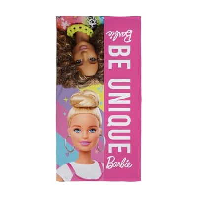 Immagine di Character World Asciugamano ufficiale Barbie Super morbido al tatto, design fresco perfetto per casa, bagno, spiaggia e piscina 100% cotone, taglia unica 140 cm x 70 cm, rosa