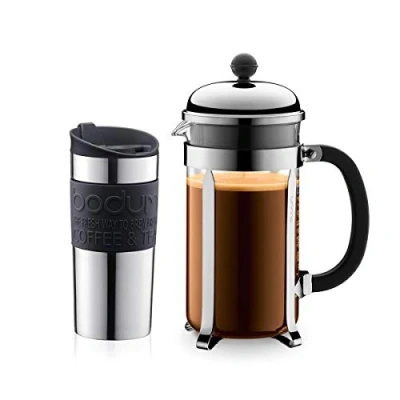 Immagine di Bodum K11068 01 Set Macchina da caffè a pistone per 8 Tazze con Tazza Mug in Acciaio Inox e Fascia Silicone, Colore: Nero