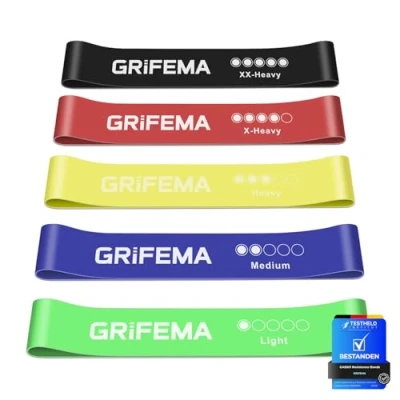 Immagine di GRIFEMA GA5001 Elastici per Bodybuilding, 5 Livelli di Resistenza, Yoga, Allenamento Forza e Pilates, con Guida all&#039;allenamento Custodia.