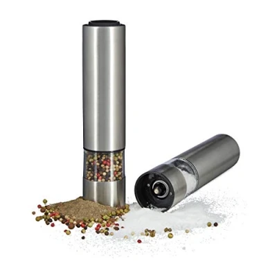 Immagine di Relaxdays Macinapepe Elettrico, Set 2 con Luce, Trita Sale e Pepe, Acciaio Inox Macinino in Ceramica, a Batteria,Argento