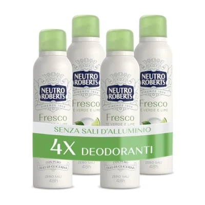 Immagine di Neutro Roberts, Deodorante Spray Fresco Verde, Té Verde e Lime, Zero Sali di Alluminio, Macchie, con Puro Olio Glicerina, Deo Uomo Donna, Dermatologicamente Testato, 48h 4 Pezzi da 150 ml