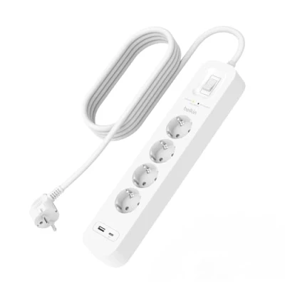 Immagine di Belkin Multipresa montabile a parete con 4 prese CA protette, cavo di alimentazione da 2 m, LED stato, porte USB C e A, ricarica rapida PD, ciabatta elettrica protezione fino 525 J