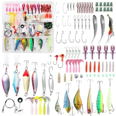 Immagine di TUXIBIN 101 pezzi Set di esche da pesca misti universali con scatola per attrezzi, inclusi filatori, vermi, cucchiai, rigide, affondanti, ecc.