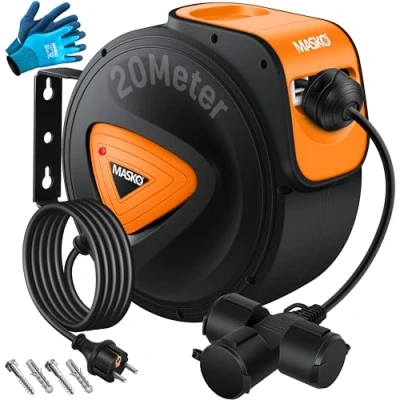 Immagine di MASKO® Avvolgicavo automatico Cavo di prolunga con collegamento a 3 vie Ruotabile 180 da 1,5 m Staffa muro officina Avvolgitore corrente Incl. guanti 20