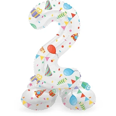 Immagine di Folat 63962 palloncino di alluminio Numero con Base Figura 2 Joyful Party Multicolore 72 cm decorazione per compleanno, anniversario, non è necessario l&#039;elio
