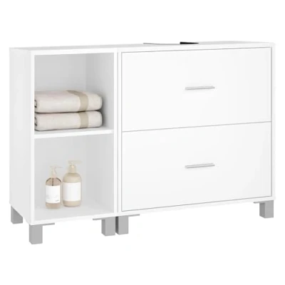 Immagine di eSituro Mobiletto da Bagno Sottolavello, Portaoggetti Freestanding con Cassetti e Laterale, Divisorio Regolabile in Altezza, Ritaglio per Sifoni 14.5x20cm, Bianco