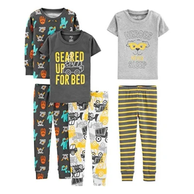Immagine di Simple Joys by Carter&#039;s 6 Piece Snug Fit Cotton Pajama Set Pigiama, Bianco Camion/Grigio Eroi/Grigio Scuro Mostro/Righe, 5 Anni (Pacco da 3) Bimbo