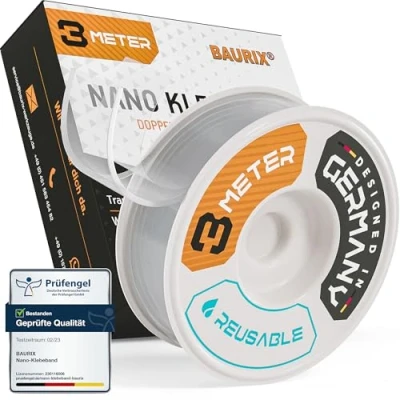 Immagine di BAURIX® Nastro Biadesivo [3 Metri] Extra Forte Trasparente in silicone lavabile versatile Pellicola Biadesiva