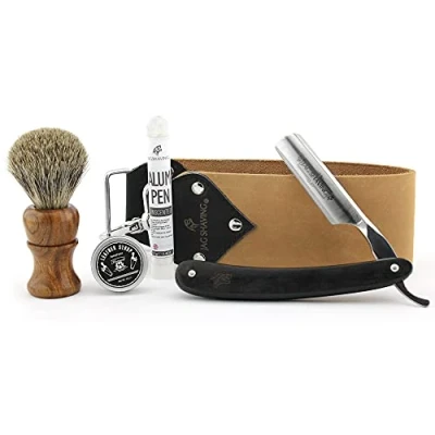 Immagine di Jag Shaving Kit da barba 5 pezzi, set di rasoi a mano libera Pennello in legno tasso Rasoio Custodia pelle Bastone allume