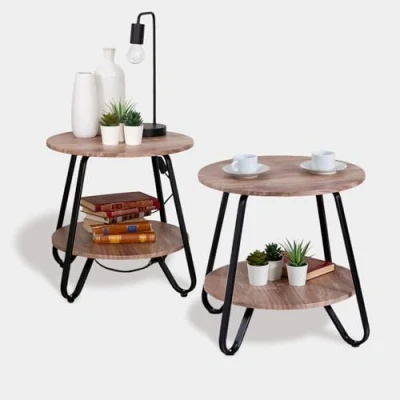 Immagine di MEUBLE COSY Set di 2 Comodini Camera da Letto Comodino Notte Tavolino caffè Rotondo con Ripiano per Soggiorno Design Scandinavo, Legno ingegnerizzato, Marrone Chiaro e Noir, 46x46x45cm