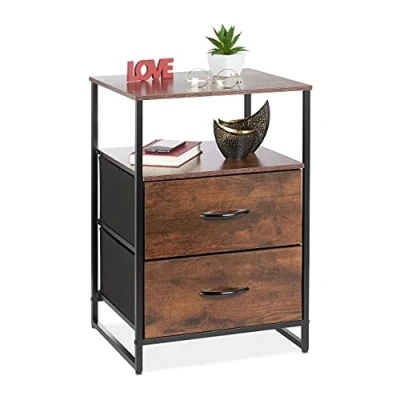 Immagine di Relaxdays Comodino in Stile Industriale, Tavolino con 2 Cassetto, Ripiani, da Ingresso, HLP 70x45x40 cm, Marrone Nero, Metallo, 1 pz