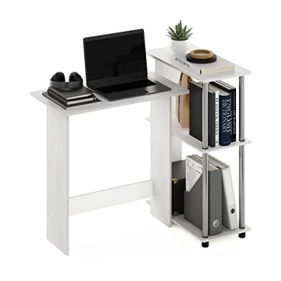 Immagine di Furinno Abbott Scrivania angolare per Computer con libreria, Legno ingegnerizzato, Rovere Bianco/Acciaio Inossidabile, 59.99 (D) x 96.90 (W) 84.99 (H) cm