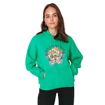 Immagine di Trendyol Felpa con Cappuccio Slogan Regular Maglia di Tuta, Verde, XS Donna