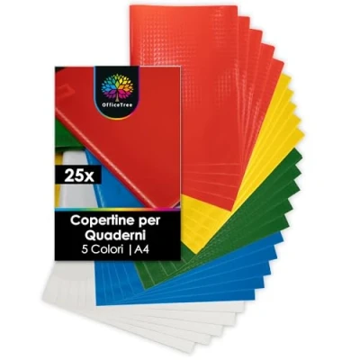 Immagine di OfficeTree 25x Copertine Quaderni Colorate A4 5 Colori Effetto Rafia incl. 25 Etichette Quadernoni per Scuola e Ufficio Fodere Elementari