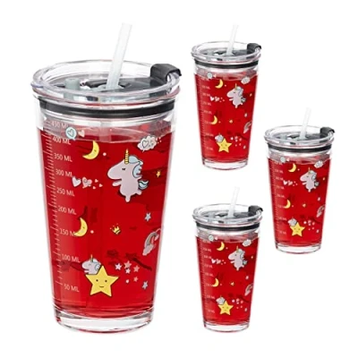 Immagine di Relaxdays Set da 4 Tazze per Bambini, Bicchieri Vetro, Silicone, ABS, Cannuccia e Tappo, 450 ml, Unicorni, Trasparente, 9 cm