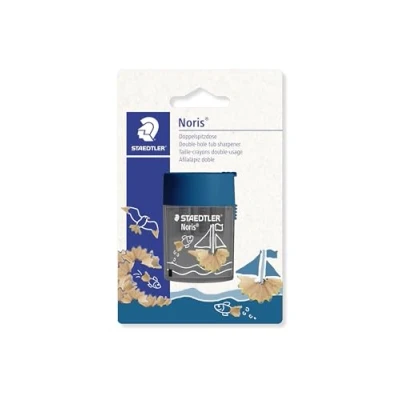 Immagine di Staedtler 512 doppio temperino, due fori per diversi formati di penna, carta blister con 1 doppia temperamatite Noris rotondo, design pesce e barca, 003BK