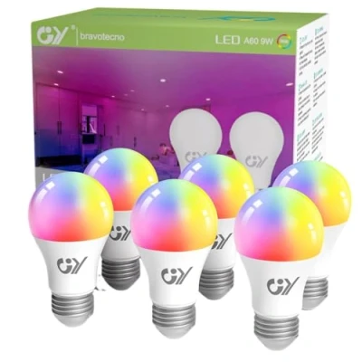 Immagine di GY Lampadina A60 WiFi Smart, E27 9W, LED Smart Home, 800 Lumen, 2700K 6500K RGB, App di Controllo Compatibile con Alexa Echo/Google Regolazione Automatica della Musica, 6 Pezzi
