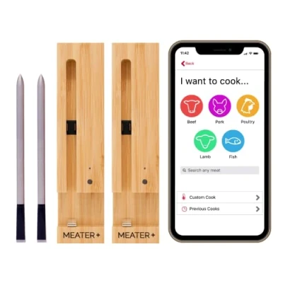 Immagine di Due MEATER Plus Risparmia 9 Termometro Bluetooth Fino a 50 Metri Sonda Senza Fili Per Forno, Grigliate, Barbecue. App in Italiano Compatibile con iPhone, Android, iPad e Tablet