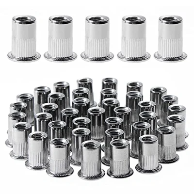 Immagine di Gueenky 100 Pezzi Dadi Rivetti Filettati in Acciaio Inox, M6 a Testa Piatta, Assortimento Inserti Mobili Legno (12 mm x 15 mm)
