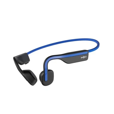 Immagine di auricolari SHOKZ OpenMove a conduzione ossea, sportivi Bluetooth open ear con microfono, cuffie wireless impermeabili IP55 per corsa e allenamento, autonomia 6 ore, adesivi, Blu