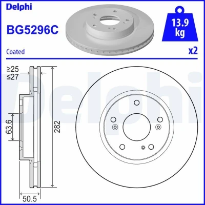 Immagine di DELPHI BG5296C Disco freno 282 27 5 ventilato rivestito ad alto tenore di carbonio senza cuscinetto ruota, anello sensore ABS