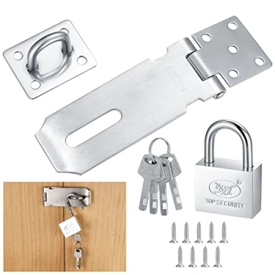 Immagine di Lucchetto con Chiusura a Viti, Hasp in Acciaio Inox, Chiave per Porta di Giardino, Armadio, Cassetto, e Cancello