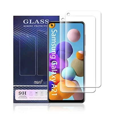 Immagine di UNO&#039; Pellicola proteggi schermo in vetro temperato, 2 pezzi, compatibile con Samsung Galaxy A21, ultra resistente, senza bolle, 9H, antigraffio.