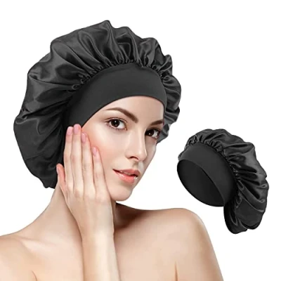 Immagine di berretto da notte Raso, Grande Notte, Banda Larga Seta Cuffia per Capelli Traspirante Dormire Cappello, Cappello Donne Ragazza Ricci Cura(Nero)