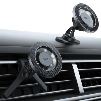 Immagine di ESR Supporto da auto MagSafe, magnetico per iPhone 15/14/13/12, Forti magneti, Compatibile con gli accessori auto, Ricarica non supportata, Nero in fibra di carbonio