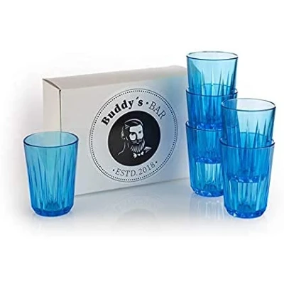 Immagine di Buddy&#039;s Bar Set di 6 bicchieri in plastica Tritan alta qualità, 0,2 litri, senza BPA, effetto cristallo, infrangibili, riutilizzabili e lavabili lavastoviglie, 200 ml, blu