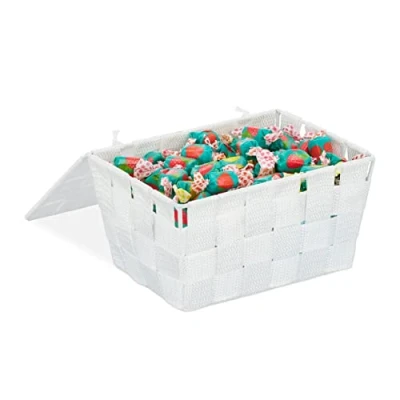 Immagine di relaxdays Cestino con Coperchio, Portaoggetti da Bagno, PP Intrecciato, HLP 10,5x19,5x14,5 cm, Bianco, 1 Pz