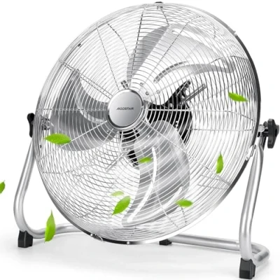 Immagine di Aigostar Clover 33QNV Ventilatore da Pavimento 100 W，Cromato. Testa Regolabile a 135 Gradi, 3 Velocità, 45 cm (18D.). Uso industriale, Domestico, Palestre o ufficio