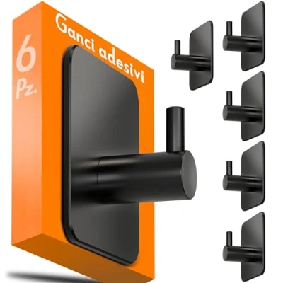 Immagine di 4smile ganci adesivi bagno 6 pz., nero Appendi accappatoio bagno, pratici acciaio inox porta asciugamani, design classico