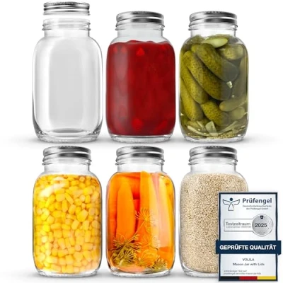 Immagine di volila Mason Jar Confezione da 6 Barattoli in Vetro 1L per Conserve, Vasetti Piccoli Coperchi Regolari Mason, Etichette, Penna e Spugna Inclusi