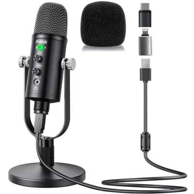 Immagine di Aveek USB Microphone, Microfono Condensatore per Telefono, Mac, Computer, PS4 e PS5, con Muto, Plug &amp; Play, Pickup Cardioide, Controllo del Volume Podcast, Registrazione, Cantare, ASMR