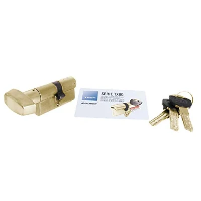 Immagine di Tesa Assa Abloy, TX8B4040L, Cilindro ad alta sicurezza, TX80, Doppia Frizione, Cam lunga, Chiave Pulsante, Ottonato, 40 x mm