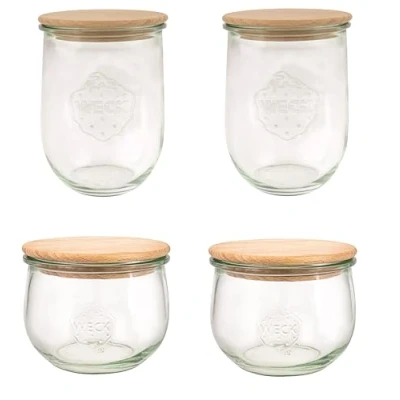 Immagine di Weck Set di bicchieri a forma tulipano, 4 barattoli per conserve, 2 x 1000 ml, 500 con coperchio in legno, conservare/conservare gli alimenti, 79212, trasparente