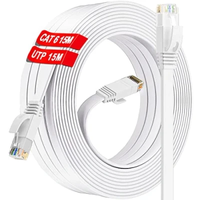Immagine di Cavo Ethernet 15 metri, Cat 6 LAN metri Alta Velocità di Rete, Bianco Piatto Internet 1000Mbps 250MHz, Esterno Interno Gigabit RJ45 Patch per Router Switch Modem PC (15 Clips)